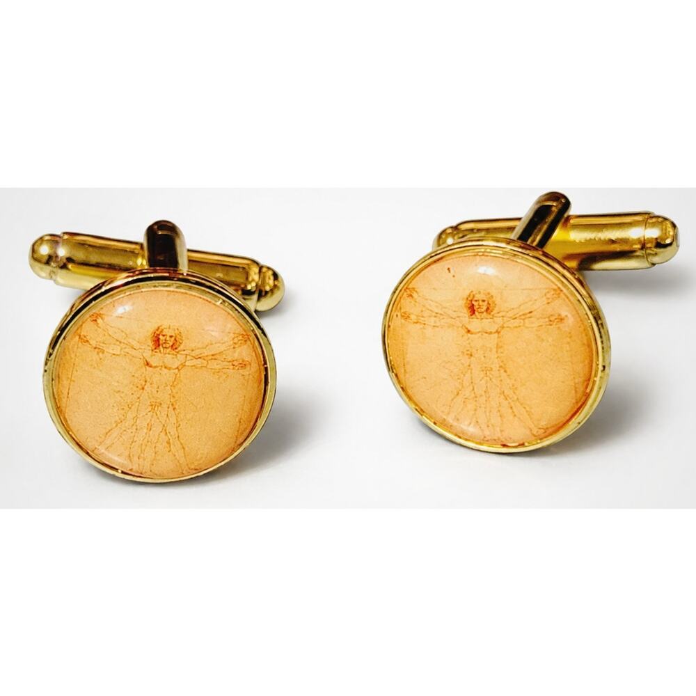 Michelangelo Cuff‎ Links Gold Tone Round Sepia Body Map Lucite .5" cl-